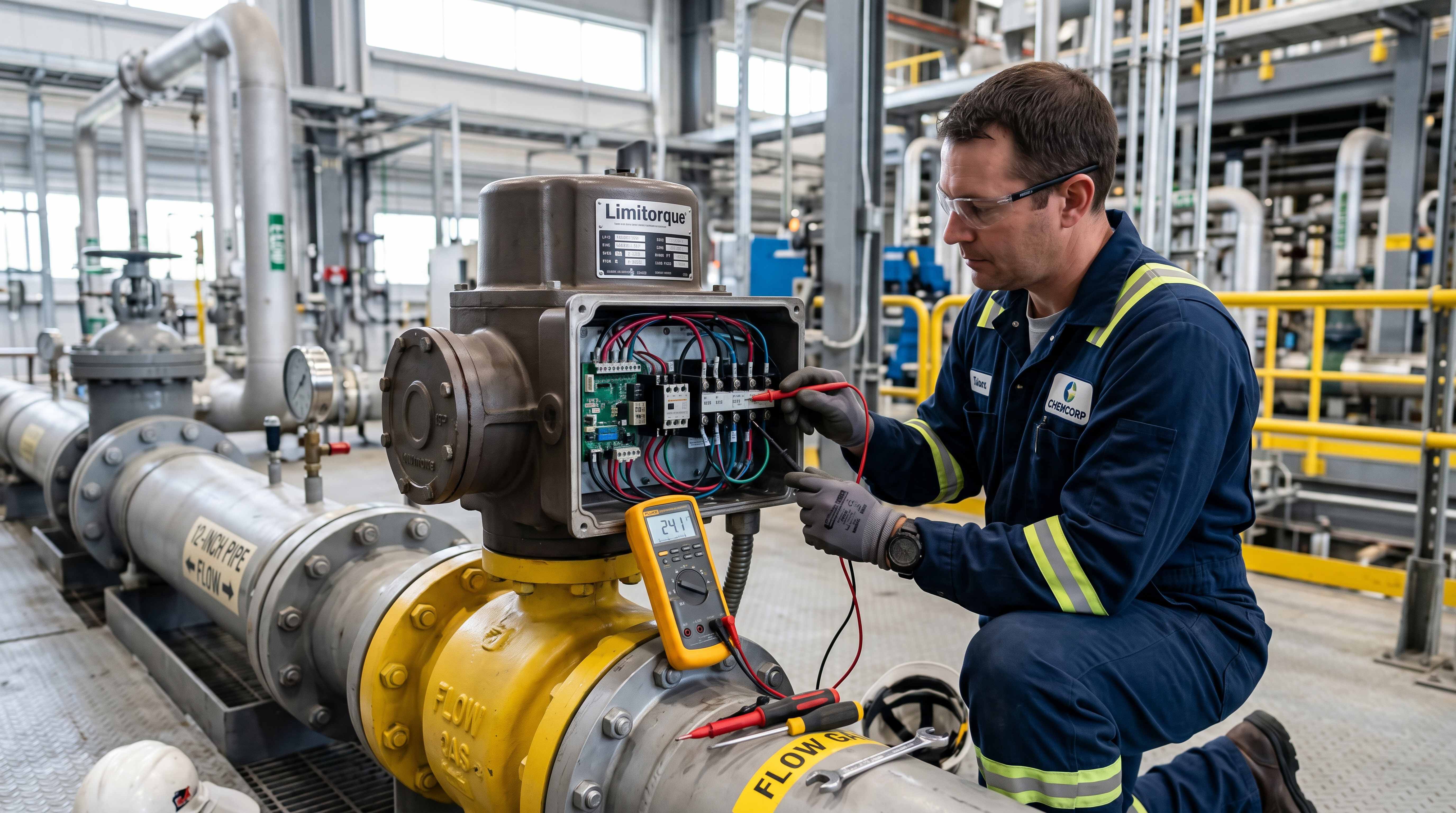 Technician checking electric valve actuator wiring feedback signals and maintenance faults